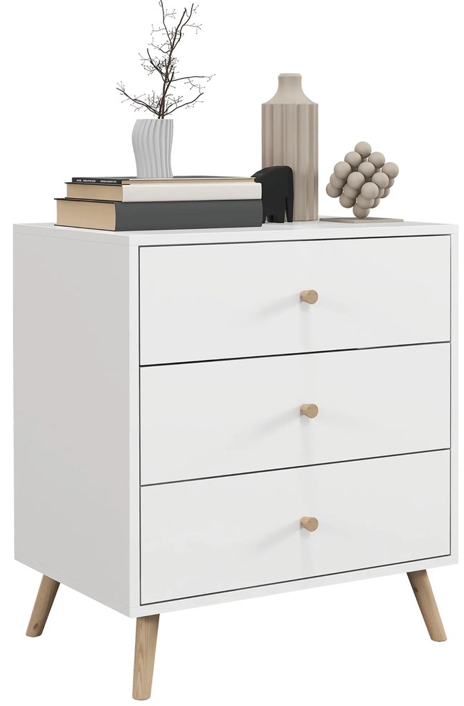 HOMCOM Comodă 3 sertare Design scandinav Mobilier de Depozitare Camera MDF Alb mânere picioare conice Lemn Masiv de pin | Aosom Romania