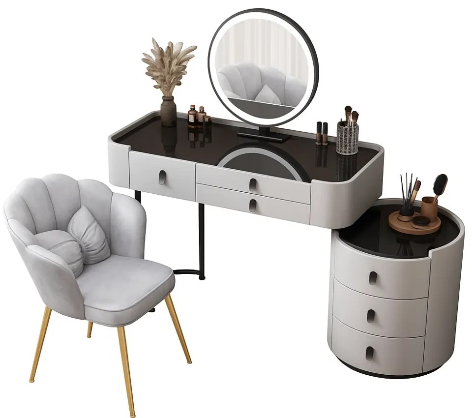 Set Lucia, Masă de toaletă pentru machiaj cu oglindă iluminată LED, control touch, 6 sertare, comoda, scaun, Gri