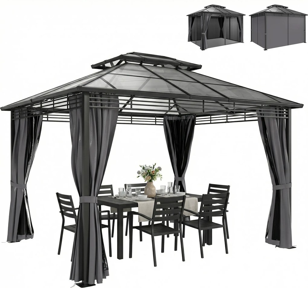 Outsunny Pavilion de grădină ca. 3,6x3m Pavilion din aluminiu cu dublu acoperiș din policarbonat de 6 mm, plasă de țânțari, 4 părți laterale, gri închis | Aosom Romania