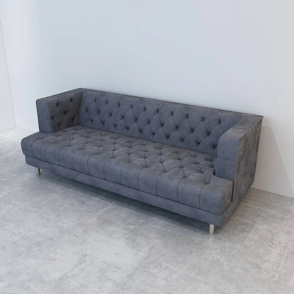 CANAPEA CATIFEA LUX CHESTERFIELD, 210X88X75 CM, CULOARE GRI, SEZUT SPUMA, CADRU LEMN, PICIOARE METAL ARGINTIU