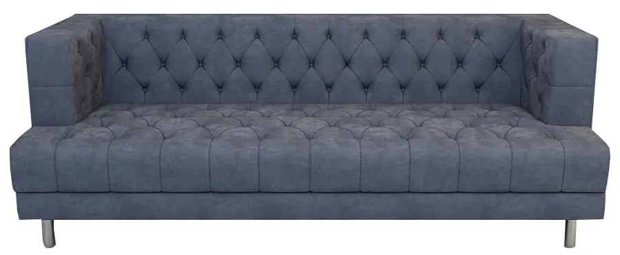 Canapea fixa Lux Chesterfield, 3 locuri, catifea, culoare gri, sezut spuma, cadru lemn, picioare metal argintiu