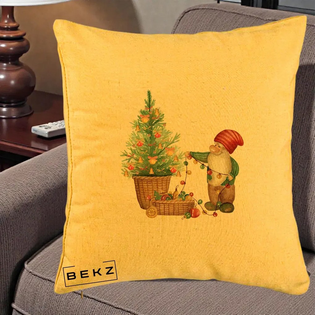 Perna Decorativa Pitic de Craciun cu Brad, 40x40 cm, Galben, Husa Detasabila, Perna Inclusa, BEKZ®