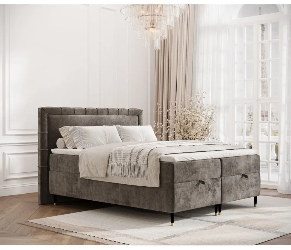 Pat boxspring gri închis cu spațiu de depozitare 160x200 cm Voyage – Maison de Rêve