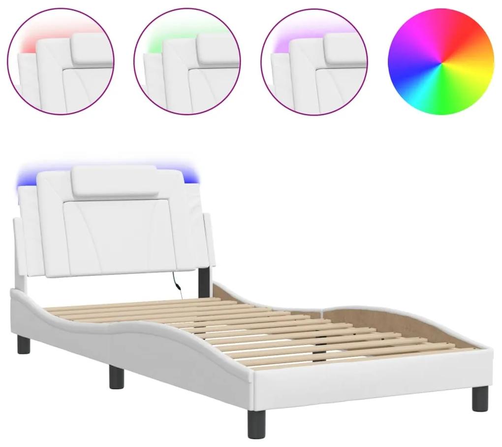 3214002 vidaXL Cadru de pat cu lumini LED, alb, 100x200 cm, piele ecologică