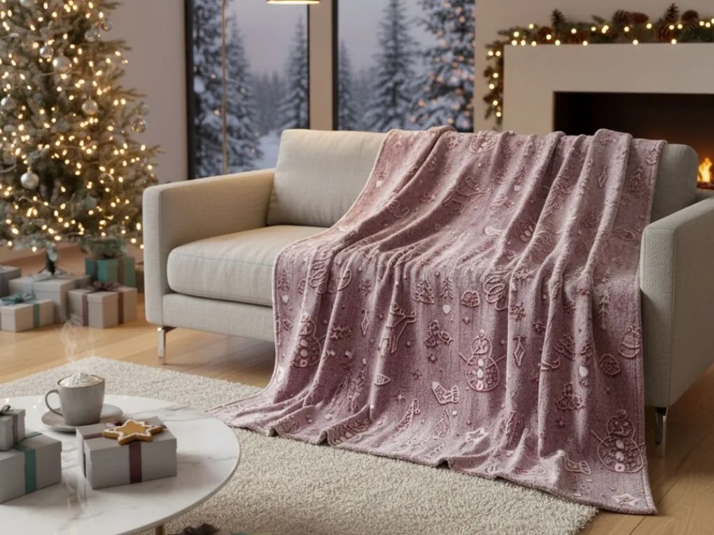 Patura din microplus Christmas PAINTY luminoasa, visinie Dimensiune: 150 x 200 cm