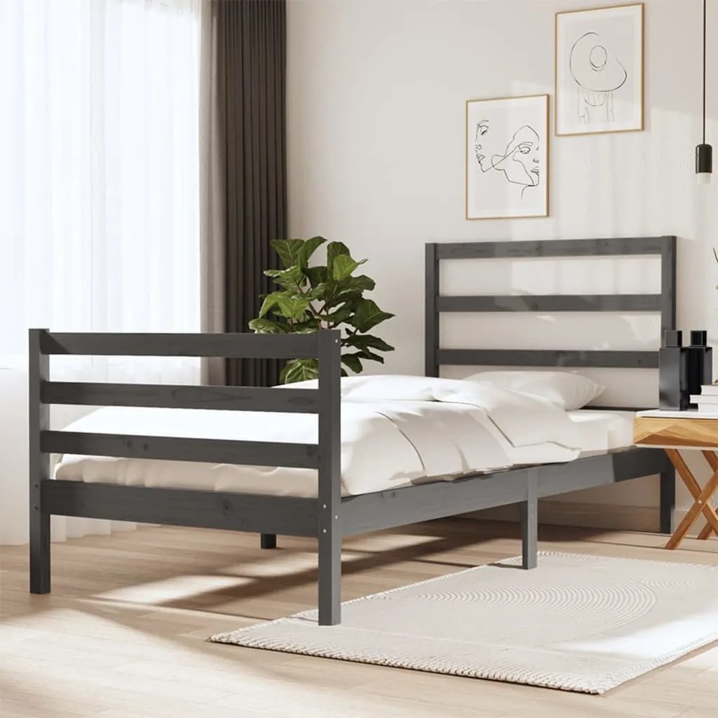 3104973 vidaXL Cadru de pat Single 3FT, gri, 90x190 cm, lemn masiv de pin
