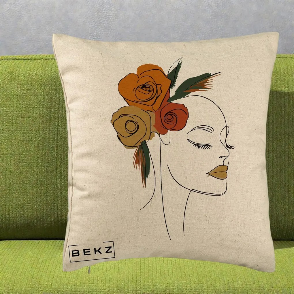 Perna Decorativa Portret Feminin Trandafiri Ruginii, 40x40 cm, Bej, Husa Detasabila, Perna Inclusa, BEKZ®