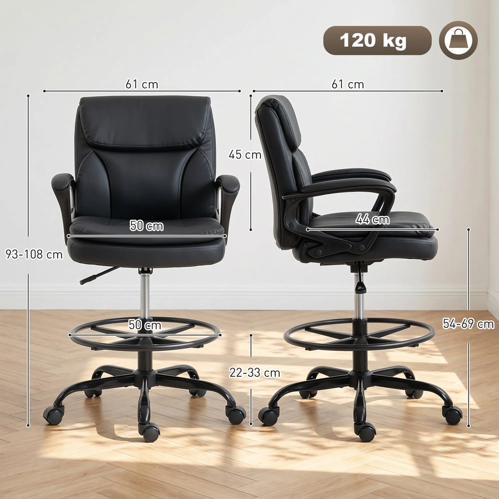 HOMCOM Scaun de desen Scaun de birou ergonomic rotativ cu înălțime și suport pentru picioare reglabil Negru | Aosom Romania