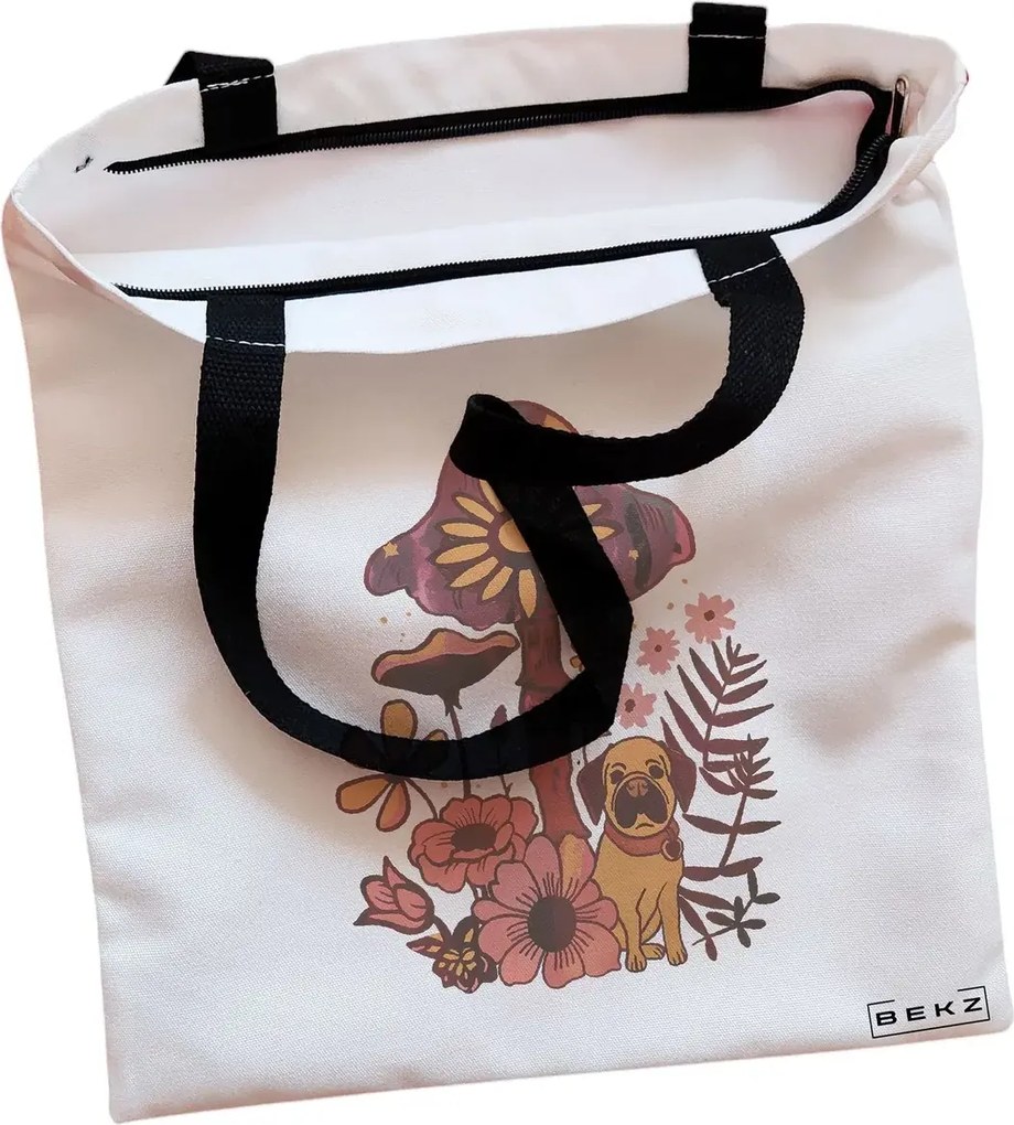 Sacosa de Panza pentru Cumparaturi, Geanta Tote, Colorful Mushrooms 6, Cu fermoar, 38x34.5 cm, Alba, BEKZ®