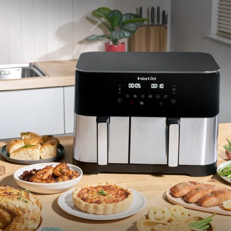 Friteuza dubla cu aer cald 8in1 Instant Pot Vortex DUAL SPLIT, 2600 W, 11 l, 205 °C, EvenCrisp, Gatit sincronizat, Comanda tactila, Negru/Inox