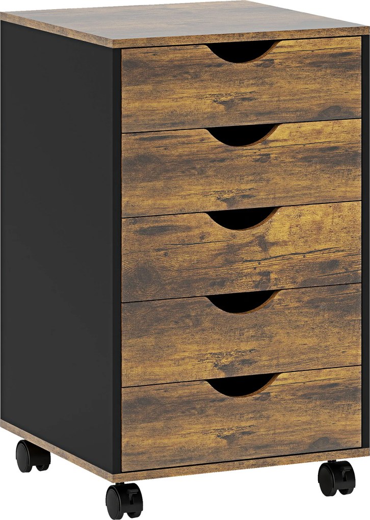 HOMCOM Comodă de Birou cu 5 Sertare și Roți Pivotante cu Frâne, 40x40x67 cm, Maro Rustic | Aosom Romania