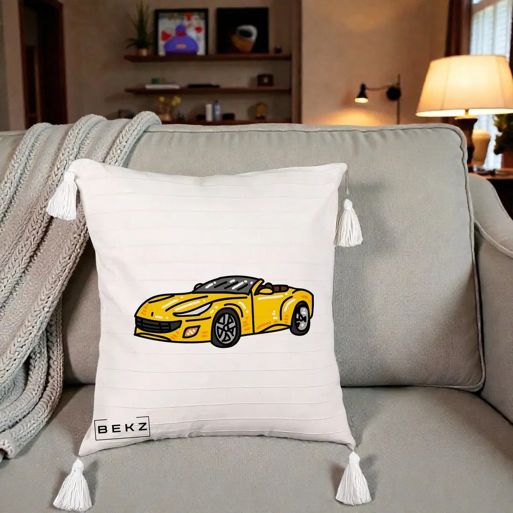 Perna Personalizata Masina Cabriolet Galbena Grafic, 40x40 cm, Bej cu Franjuri, Husa Detasabila, Perna Inclusa, BEKZ®