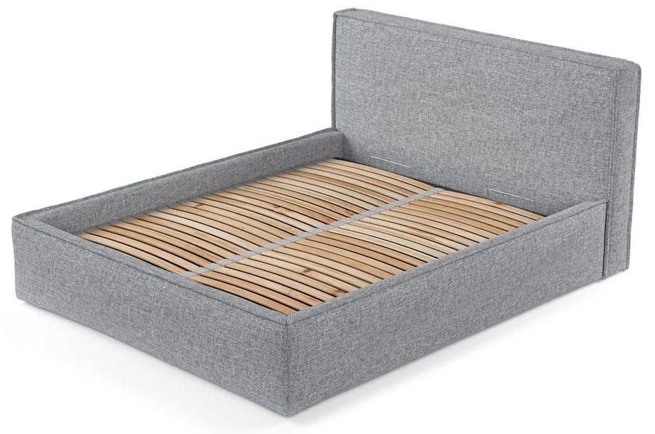 Pat matrimonial gri tapițat cu spațiu de depozitare cu somieră 200x200 cm Lounge L – Maison de Rêve