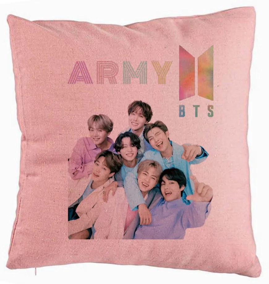 Perna Decorativa BTS Army cu Semnaturi 2, 40x40 cm, Roz, Husa Detasabila, Burduf