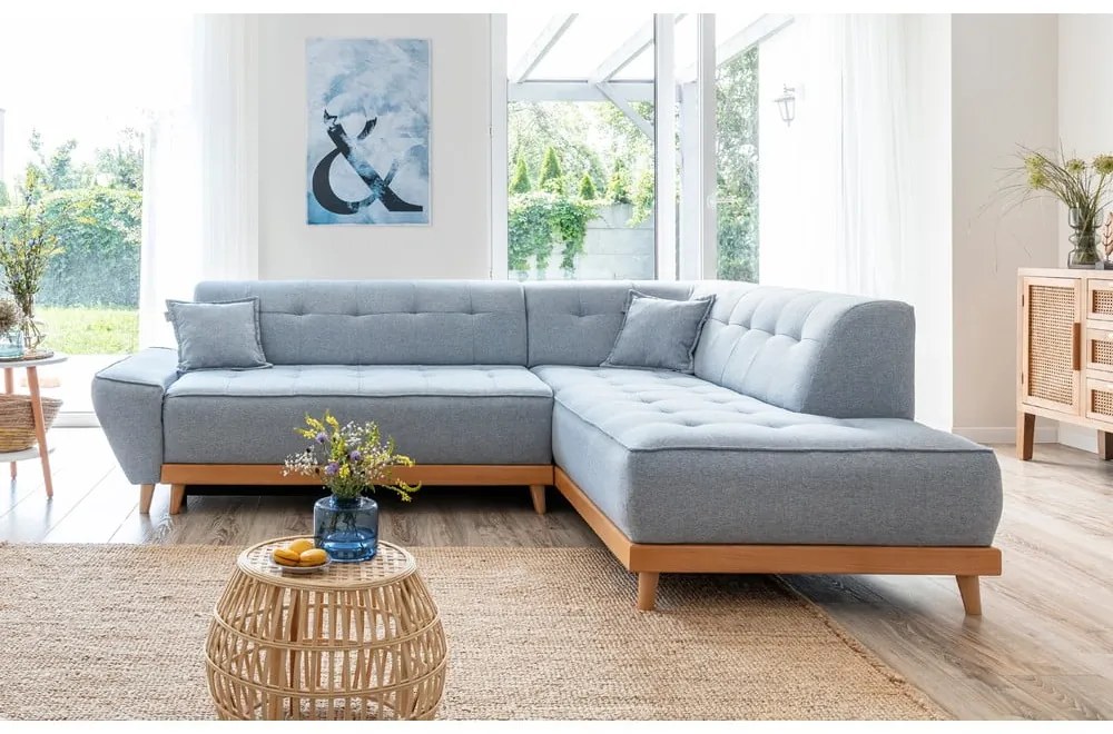 Colțar extensibil cu șezlong pe partea dreaptă Miuform Dazzling Daisy L, albastru deschis