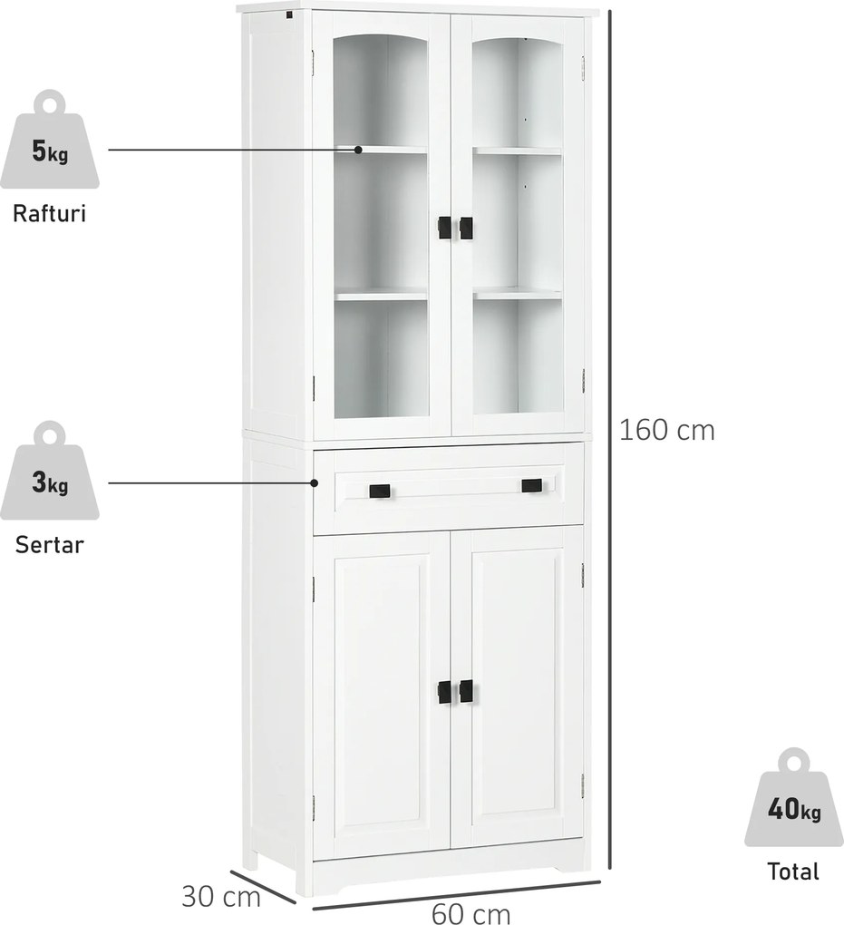 HOMCOM Bufet de Bucătărie cu 2 Dulapuri și Sertar, Mobilier de Bucătărie cu Uși și Rafturi Reglabile, 60x30x160 cm, Alb | Aosom Romania