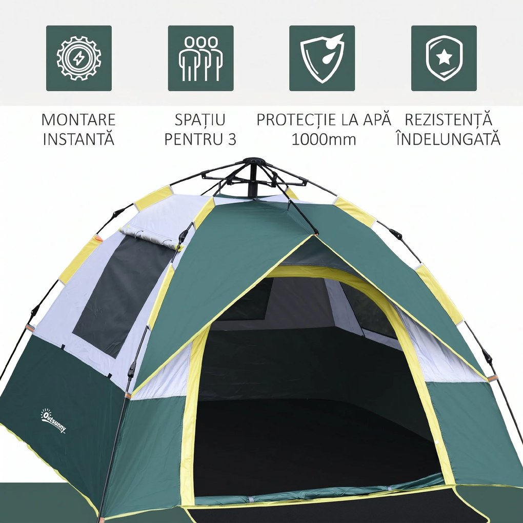 Outsunny Cort pentru Camping pentru 2 Persoane, Cort pentru Exterior Automatic Pop Up cu Copertina, Buzunare Interioare si Covoras, 205x195x135cm