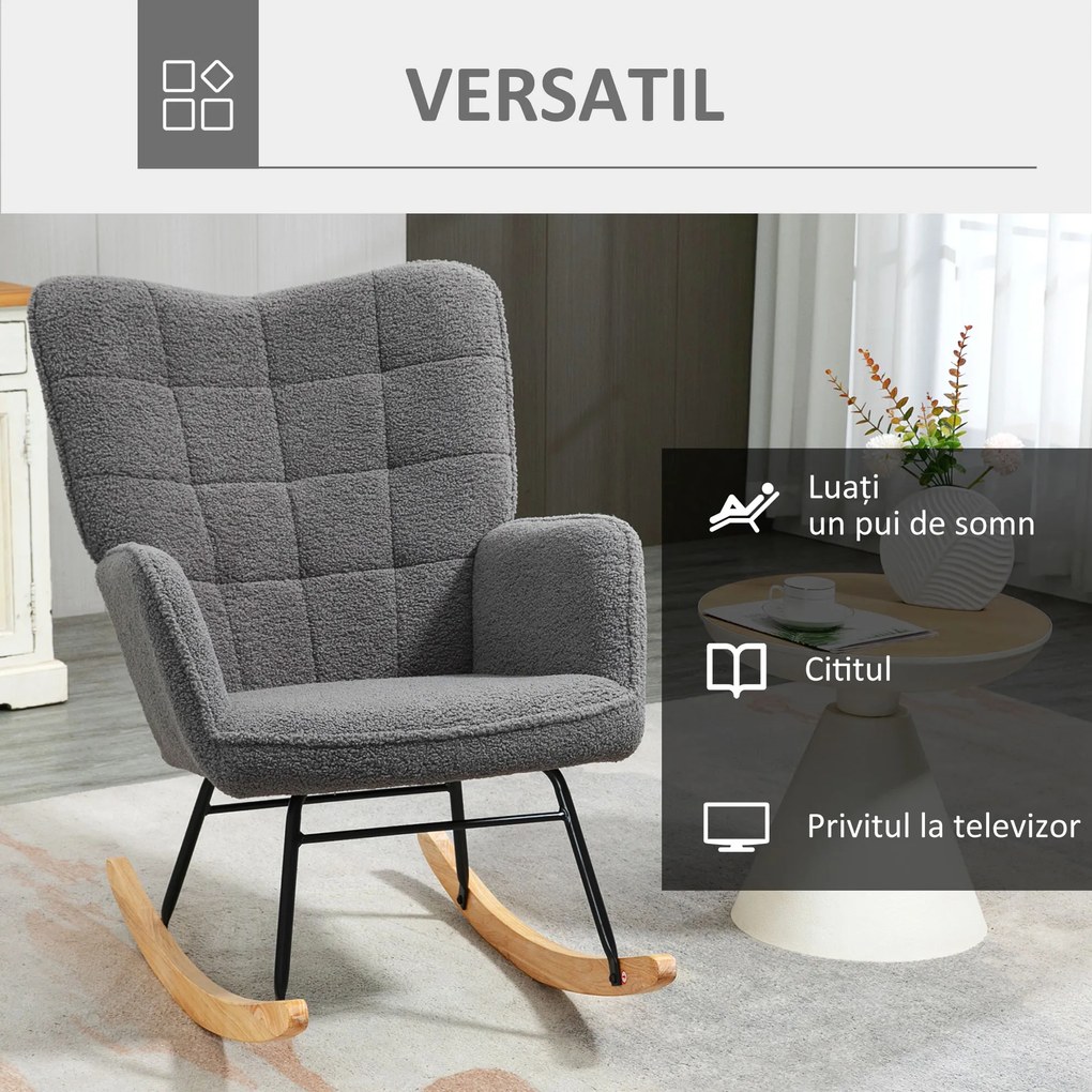 HOMCOM Fotoliu Balansoar Relaxant cu Brațe, Structură din Oțel și Picioare din Lemn de Fag, 71x98x101 cm, Gri Închis | Aosom Romania