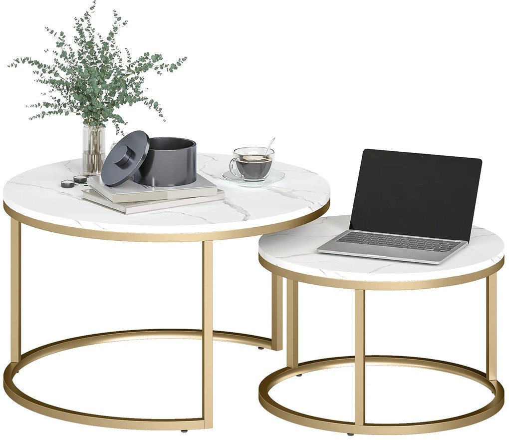 HOMCOM Set de 2 mese de cafea gigogne stivuabile design industrial blat cu aspect ciment picioare din metal alb | Aosom Romania