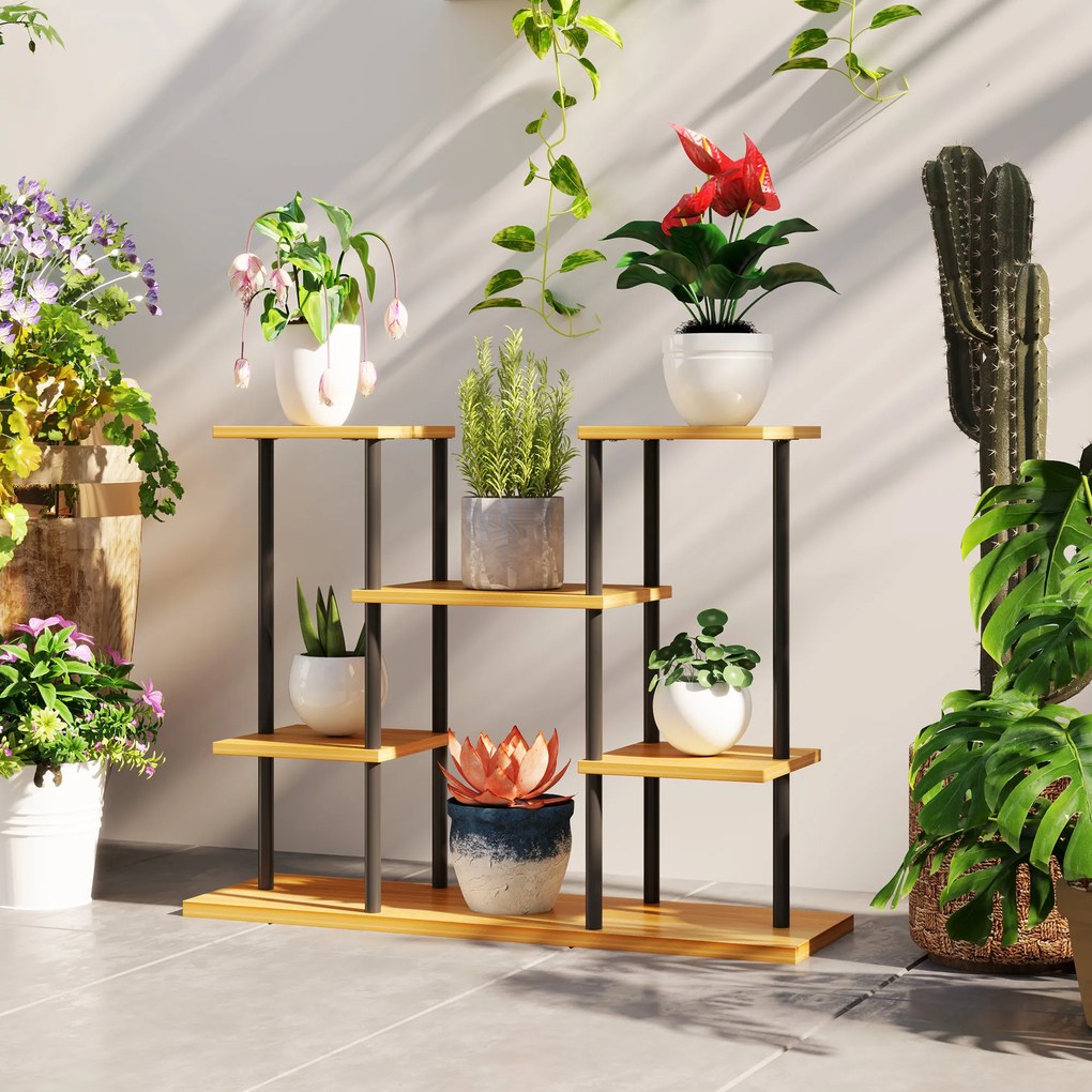 Outsunny Suport plante interior etajeră plantă cu 6 nivele cadru din oțel bază lemn masiv 80 x 24 x 61,5 cm lemn natural | Aosom Romania