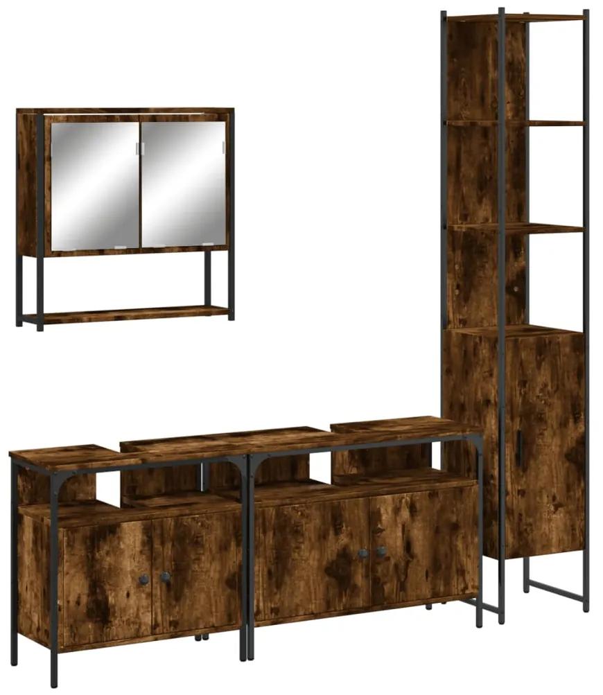 3214687 vidaXL Set mobilier de baie, 4 piese, stejar fumuriu, lemn prelucrat