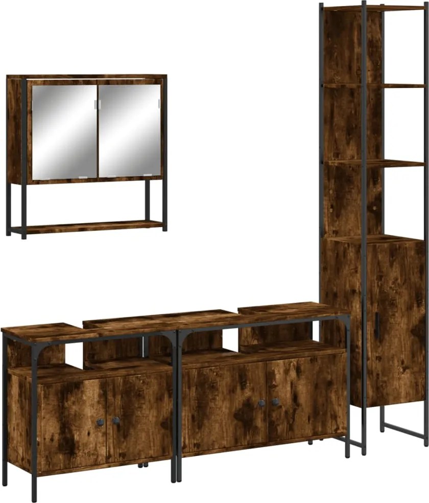 vidaXL Set mobilier de baie, 4 piese, stejar fumuriu, lemn prelucrat