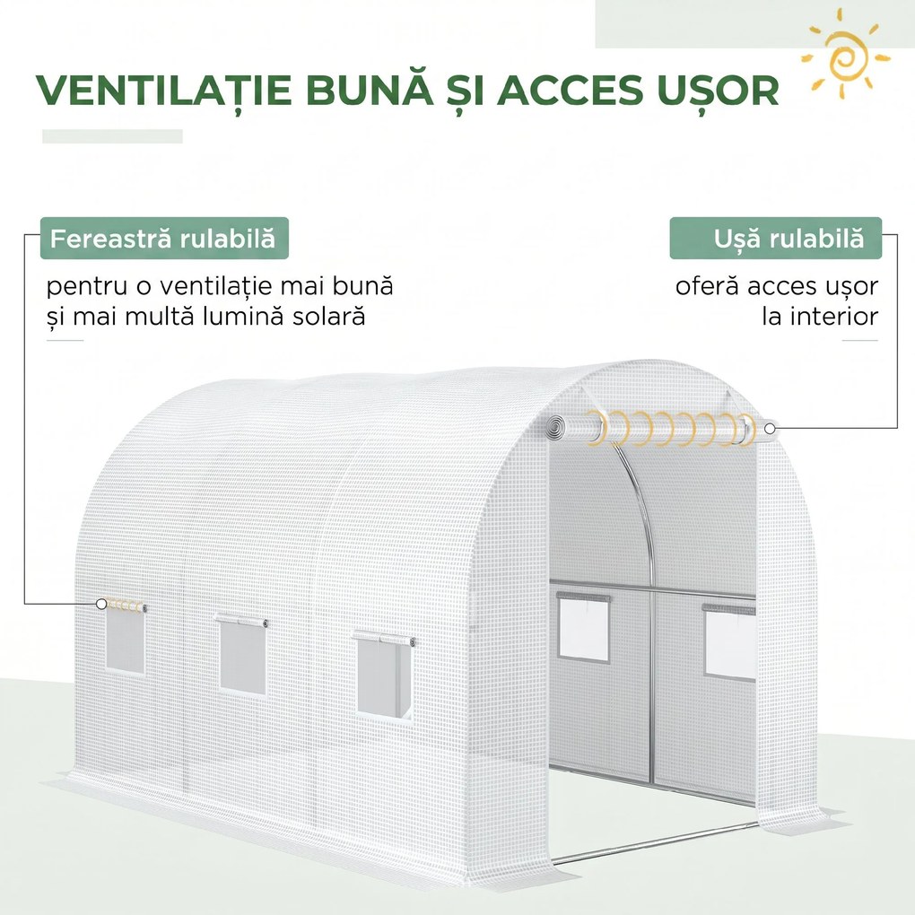 Outsunny Folie pentru Seră cu 12 Ferestre, Ușă Rulabilă și Margini Îngropate, 3x2x2 m, Alb | Aosom Romania
