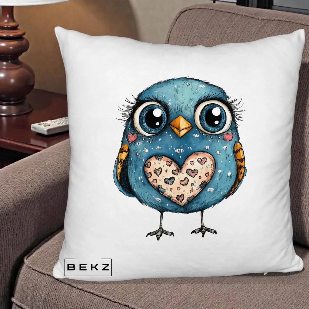 Perna Decorativa Bufnita Albastra cu Inimioare, 40x40 cm, Alb Pufos, Husa Detasabila, Perna Inclusa, BEKZ®