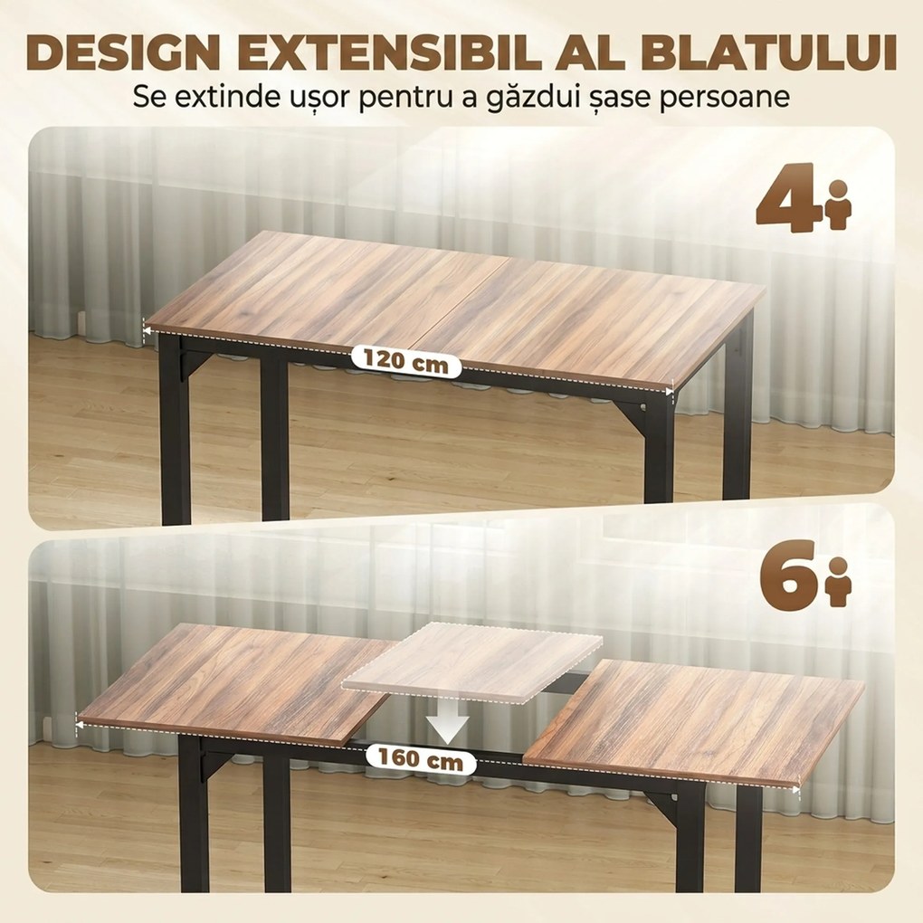 HOMCOM Set Masă Da Dining Extensibil 160 cm Cm, Negru Nuc | Aosom Romania