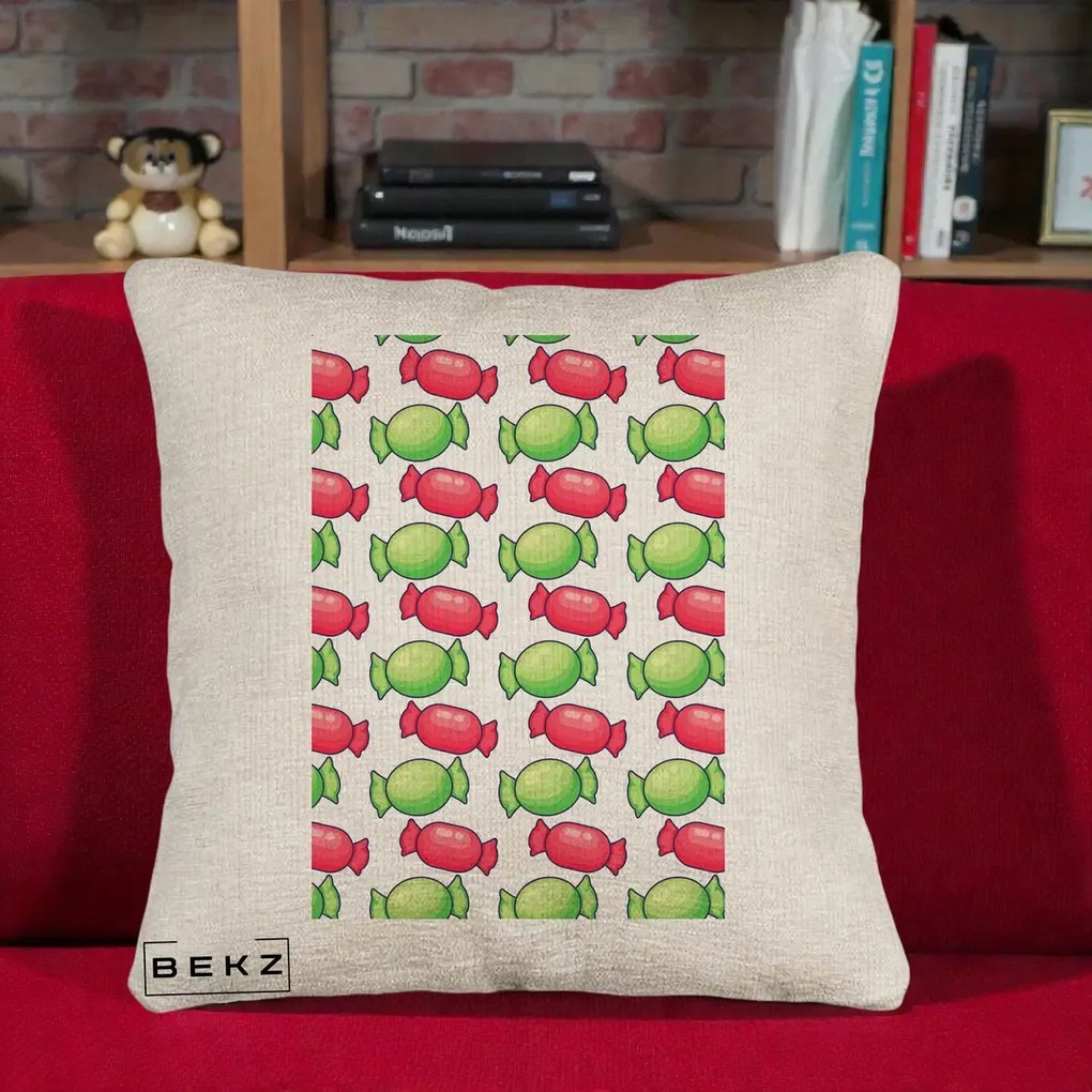 Perna Decorativa Bomboane Craciun Pattern, 40x40 cm, Bej Canapea, Husa Detasabila, Perna Inclusa, BEKZ®
