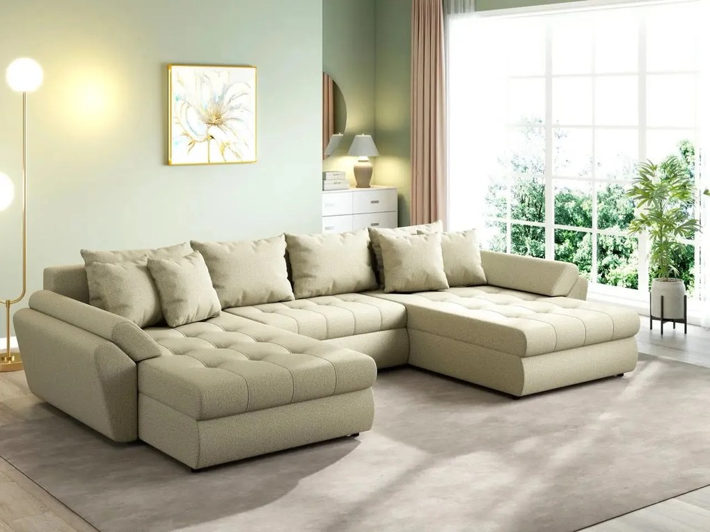 Colțar extensibil dumonde cu ladă de depozitare si sezut confortabil din spuma high-density, Loana U Enjoy Camel 355x185 cm