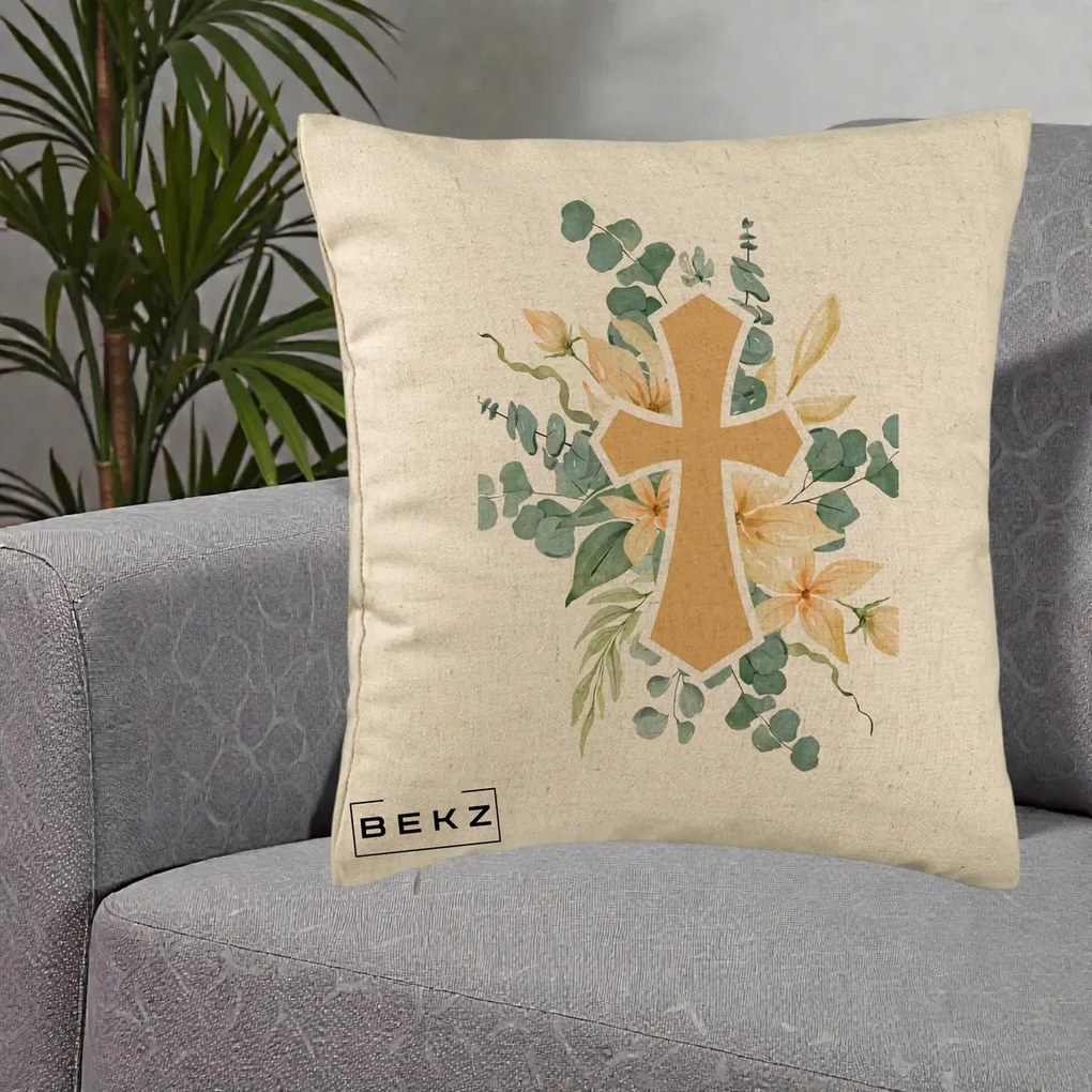 Perna Personalizata Cruce Florala Botez, 40x40 cm, Bej, Husa Detasabila, Perna Inclusa, BEKZ®
