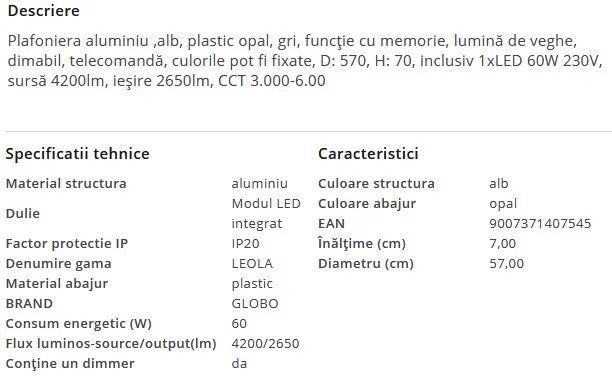 Plafoniera LED cu telecomanda moderna LEOLA 60W