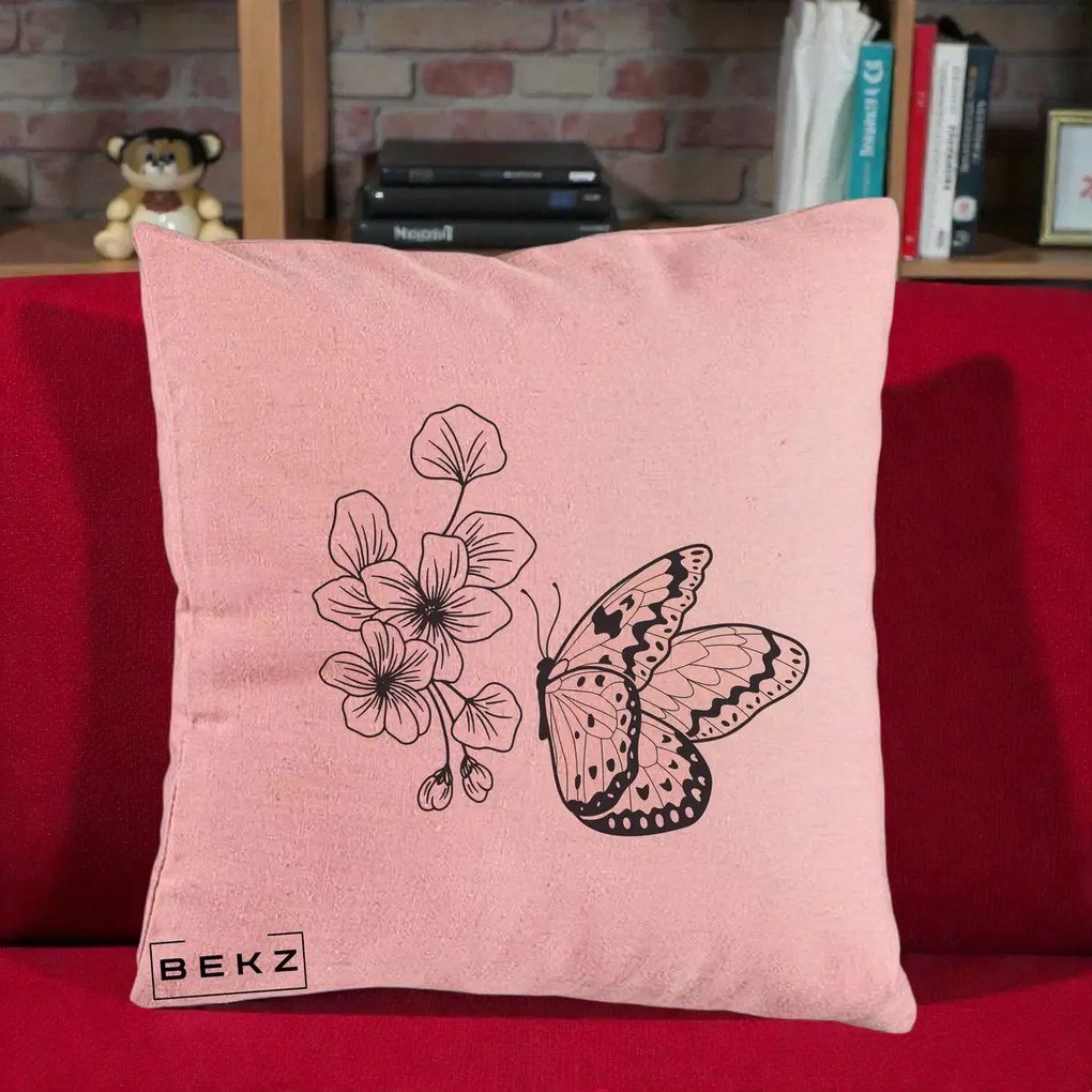 Perna Decorativa Fluture si Flori Linie Monocroma, 40x40 cm, Roz, Husa Detasabila, Perna Inclusa, BEKZ®