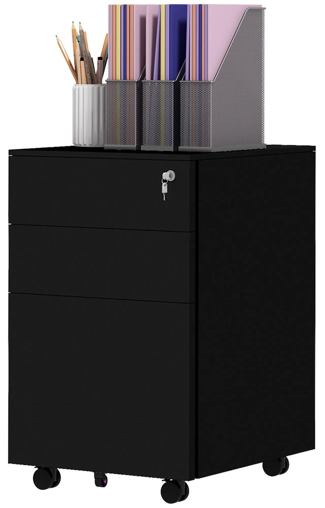 Vinsetto Container cu role și sertare, Negru, 3 sertare, blocabil, mobil, 37 cm x 43,5 cm x 60 cm | Aosom Romania