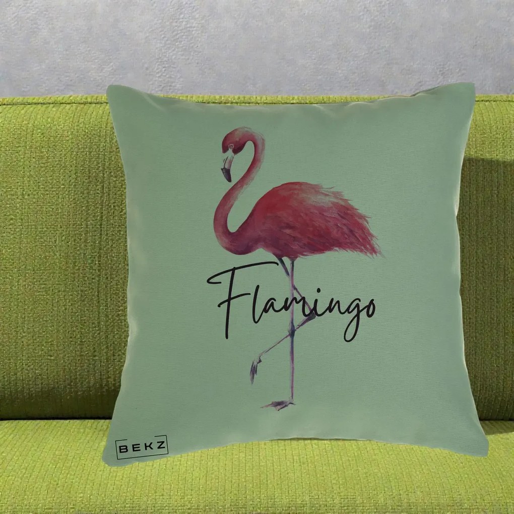 Perna Decorativa Flamingo Acuarela, 40x40 cm, Verde, Husa Detasabila, Perna Inclusa, BEKZ®