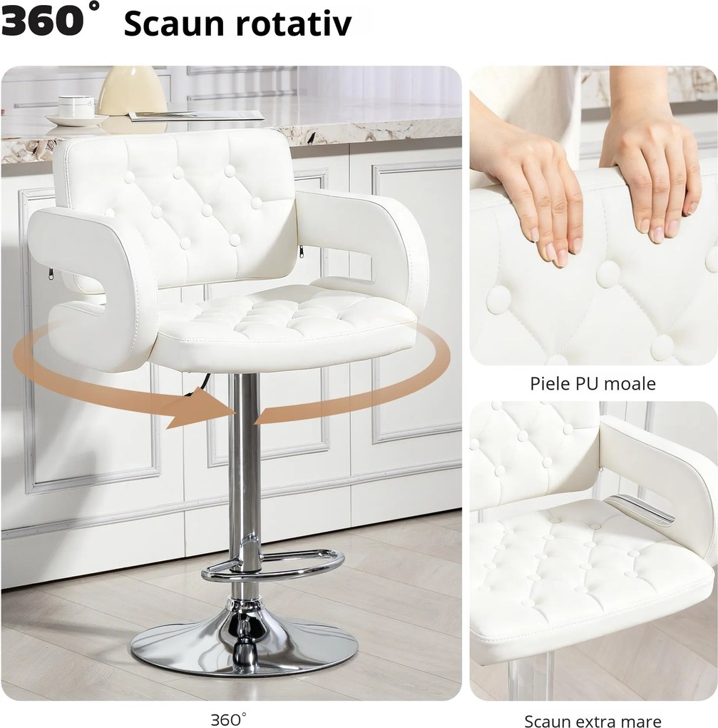HOMCOM Scaun inalt de bar cu Spatar si Brate, Reglabil, Rotativ din Piele sintetica Alba, pentru Bucatarie sau Pub, 64x50x94-114cm | Aosom Romania