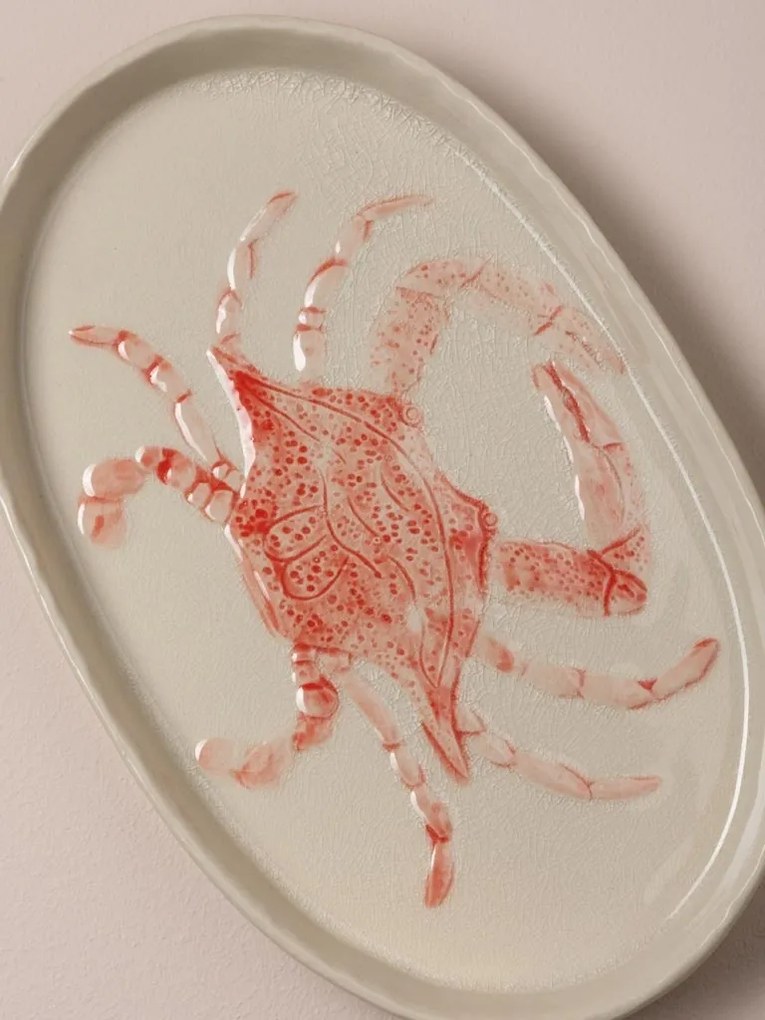 Platou oval din ceramică cu crab roșu, 29×18 cm
