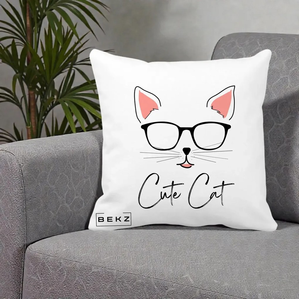 Perna Personalizata Cute Cat cu Ochelari, 40x40 cm, Alba Mata, Husa Detasabila, Perna Inclusa, BEKZ®