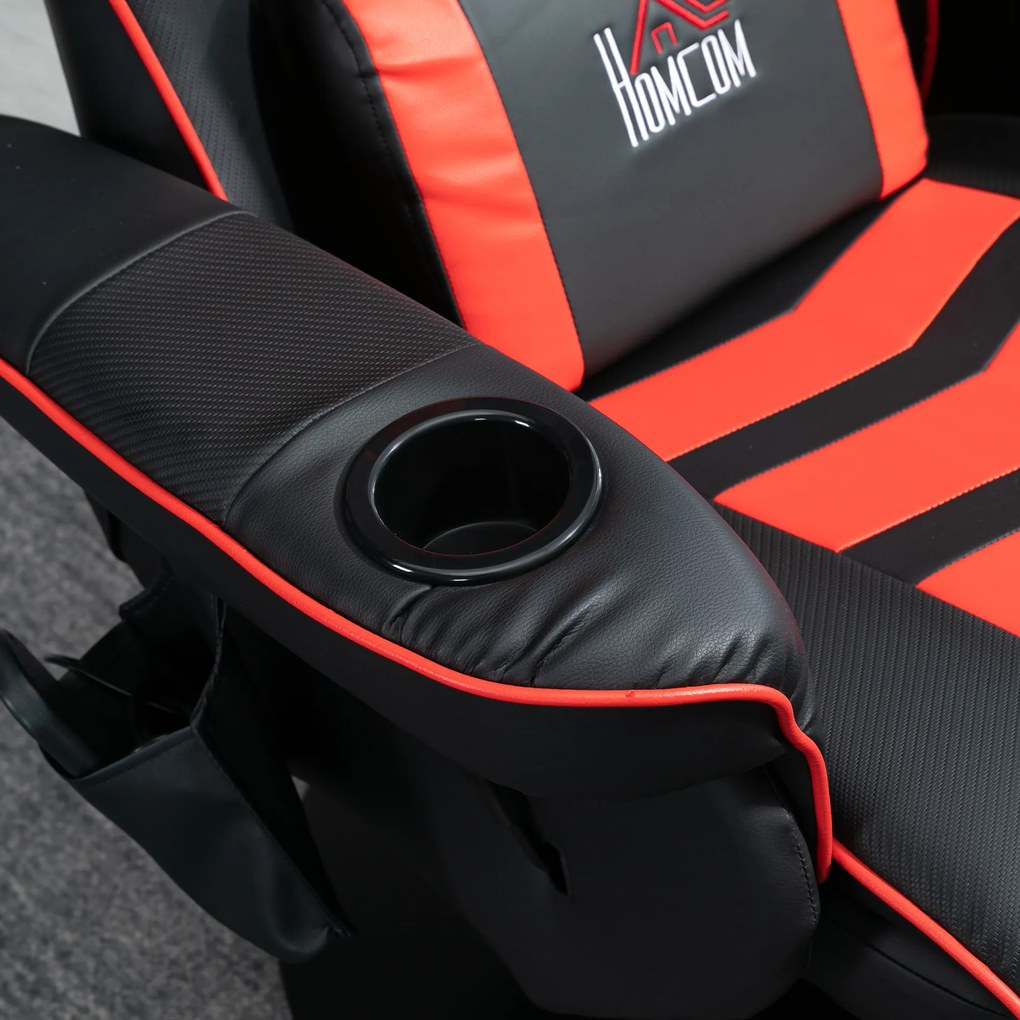 HOMCOM Fotoliu de gaming, Funcție de masaj, spătar înclinabil, suport de picioare, până la 120 kg, cadru din oțel, piele ecologică, Roșu | Aosom Romania