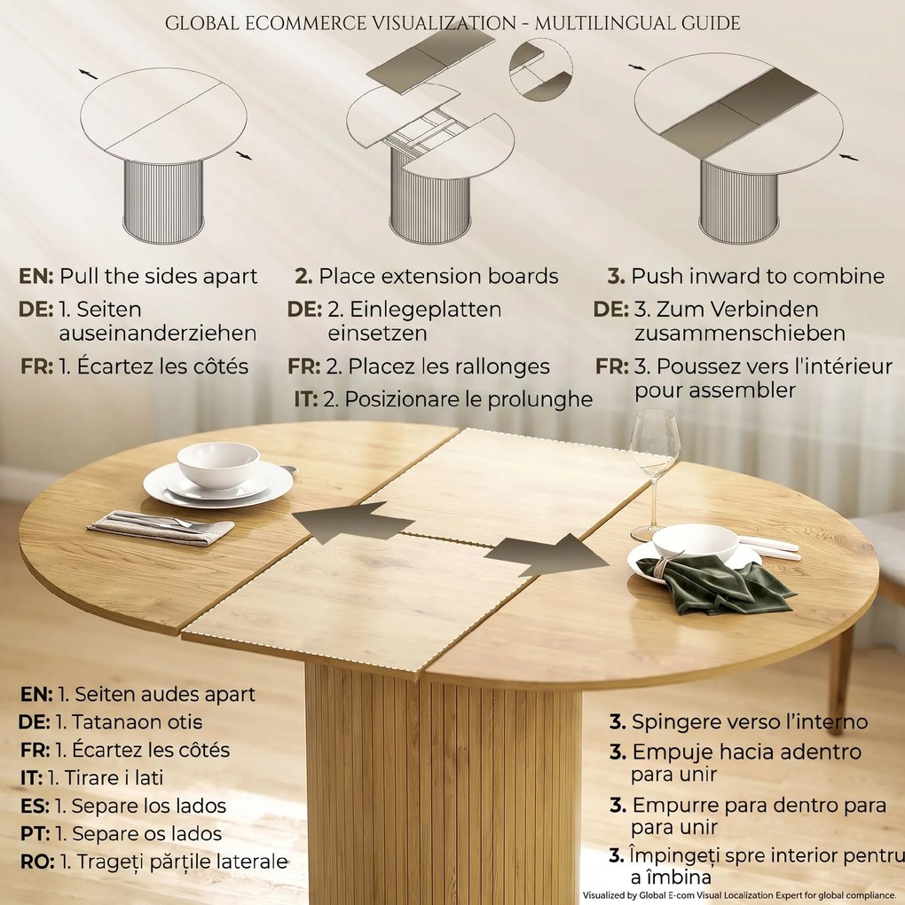 HOMCOM Masă Extensibilă Rotundă pentru 6-8 Persoane, culoare Lemn | Aosom Romania