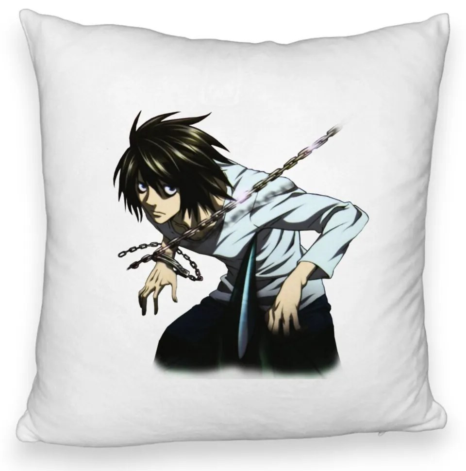 Perna Decorativa Fluffy cu Death Note L, 40x40 cm, Alba, Husa Detasabila, Burduf