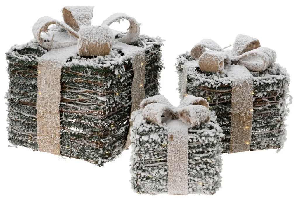 Decoratiune Snowy Gift din ratan, verde, 21x23 cm