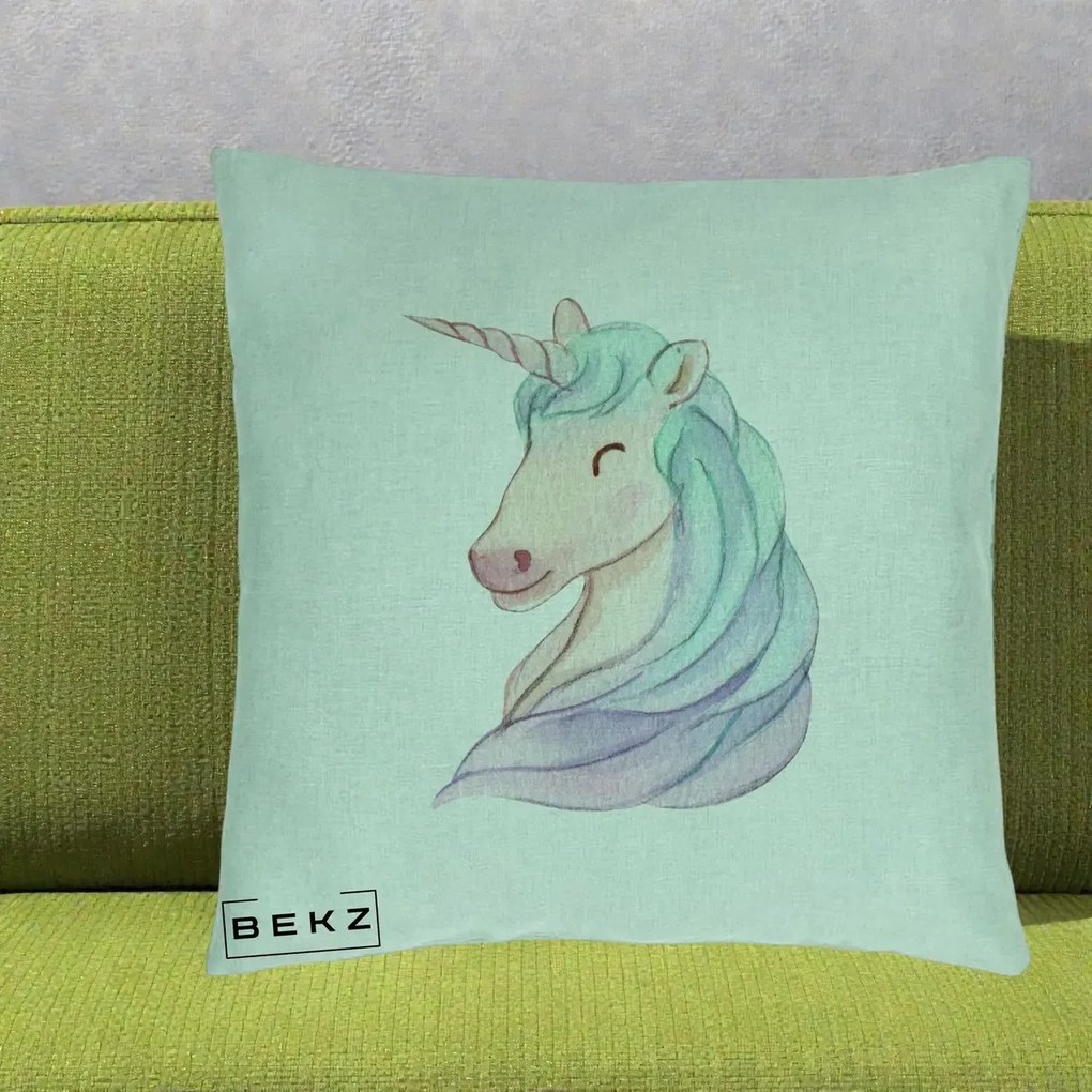 Perna Decorativa Unicorn Acuarela Pastel, 40x40 cm, Verde Menta, Husa Detasabila, Perna Inclusa, BEKZ®