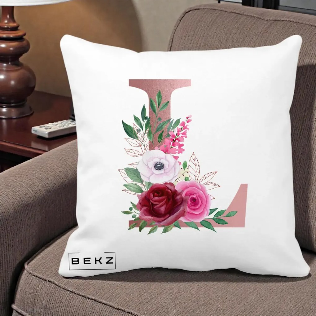 Cadou Personalizat - Perna Personalizata Monograma Rose Gold Litera L, 40x40 cm, Alba Mata, Husa Detasabila, Perna Inclusa, BEKZ®