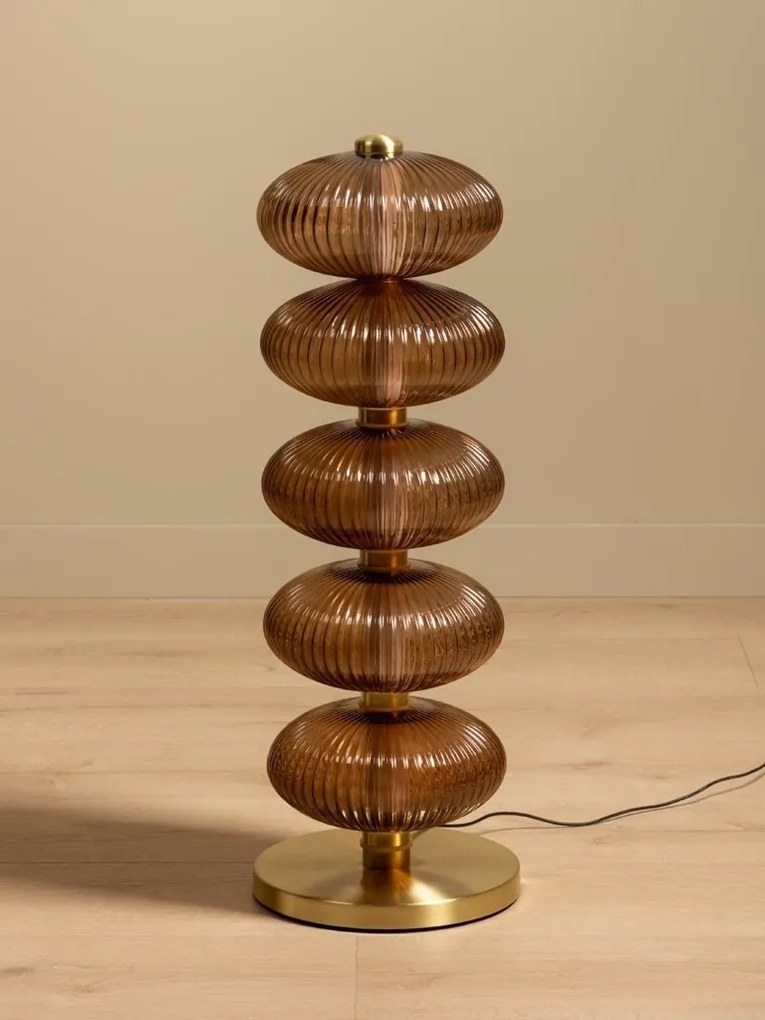 Lampă de masă din sticlă,maro, cu structură din alamă antichizata, formă sferică, finisaj vintage, 80x29 cm, „Auralis"