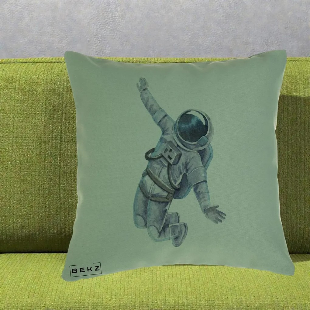 Perna Decorativa Astronaut Acuarela Zbor, 40x40 cm, Verde, Husa Detasabila, Perna Inclusa, BEKZ®
