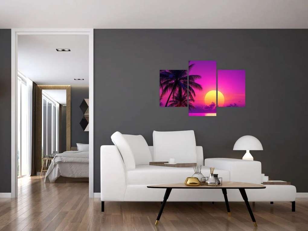 Tablou - Apus violet cu palmier (90x60 cm)