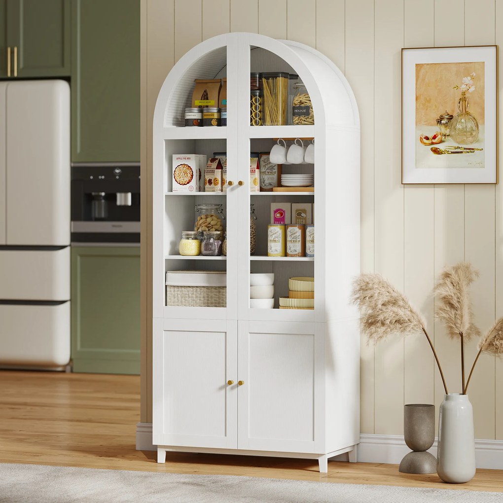HOMCOM Dulap de bucătărie, vitrină pentru veselă cu 4 uși dintre care 2 din acrilic și rafturi reglabile, 78 x 40 x 180 cm, alb | Aosom Romania