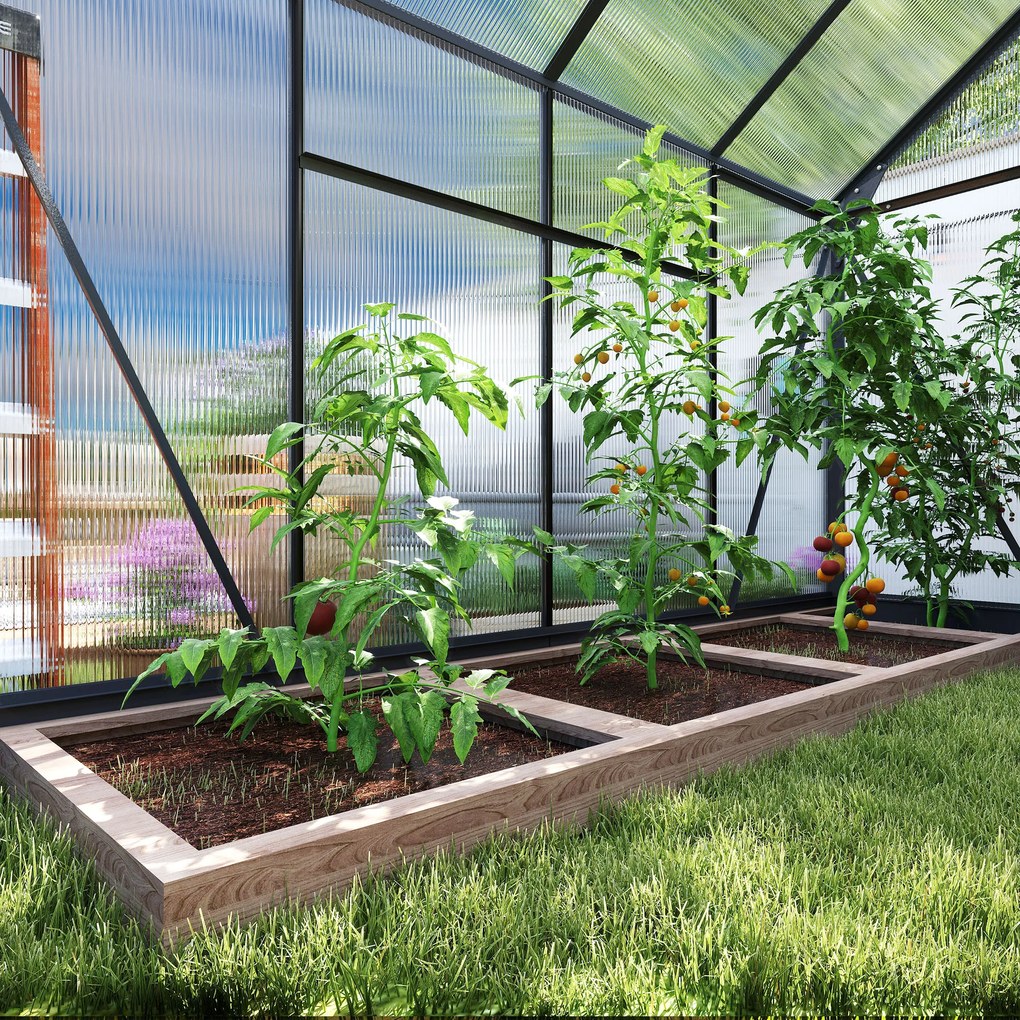 Outsunny Seră de Grădină, Seră din Policarbonat și Aluminiu cu Ușă Culisantă, Ventilație pe Acoperiș și Jgheab, 190x192x201 cm, Gri | Aosom Romania